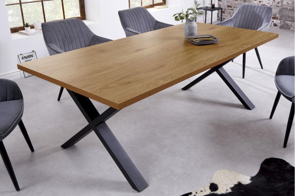 Table de salle à manger industrielle LOFT 160cm aspect chêne avec piétement en X noir