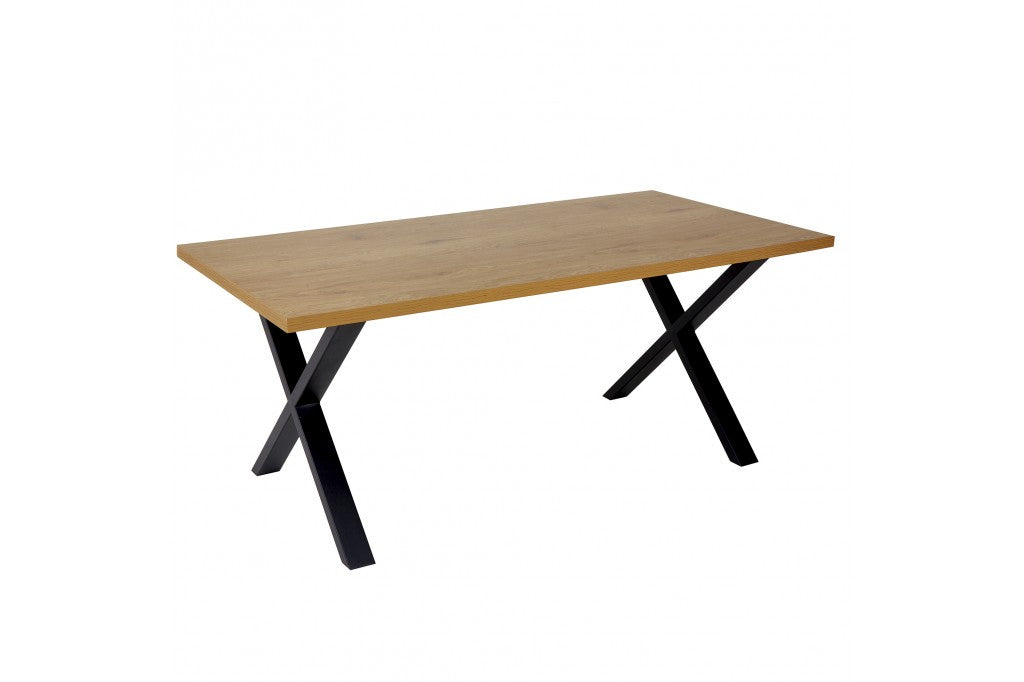 Table de salle à manger industrielle LOFT 160cm aspect chêne avec piétement en X noir