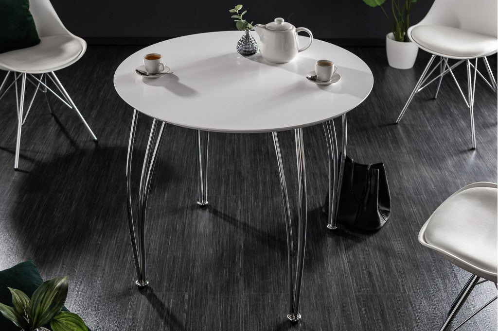 Table de salle à manger moderne ARRONDI 90cm blanche chromée ronde Table de bistrot