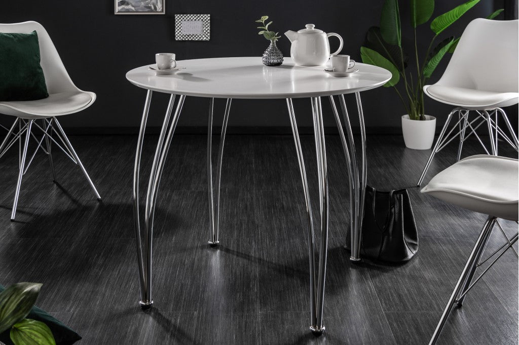 Table de salle à manger moderne ARRONDI 90cm blanche chromée ronde Table de bistrot