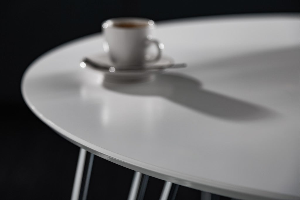Table de salle à manger moderne ARRONDI 90cm blanche chromée ronde Table de bistrot