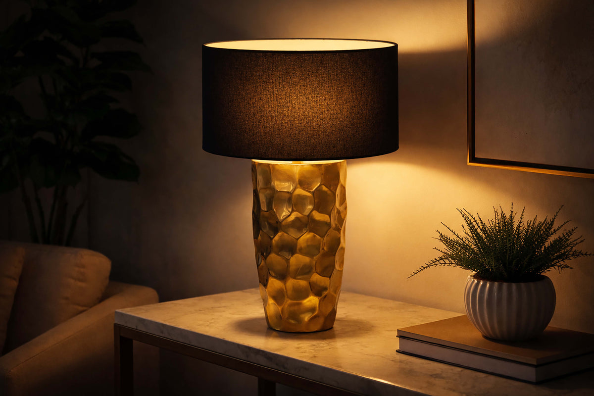 Table lamp AURELIA 55cm hammer stroke effect gold / adjustable lampshade