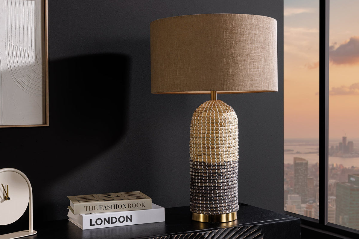 Table lamp ZEA 60cm gradient seagrass natural brown gold w/ lampshade rough linen brown