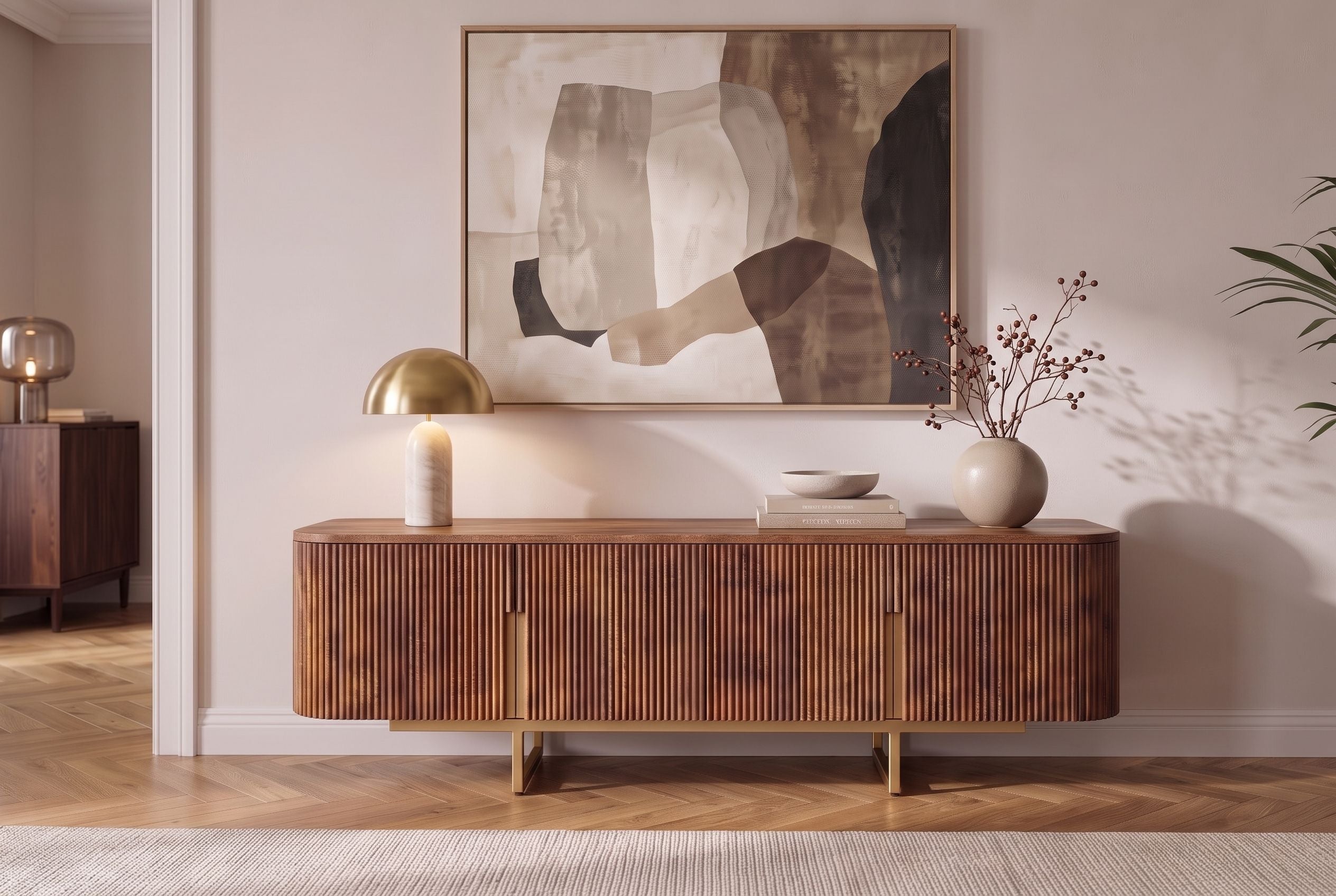Tableau TV design GATSBY 160cm marron mat doré bois de manguier rétro