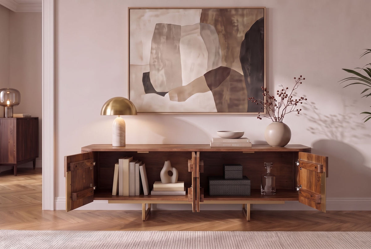 Tableau TV design GATSBY 160cm marron mat doré bois de manguier rétro