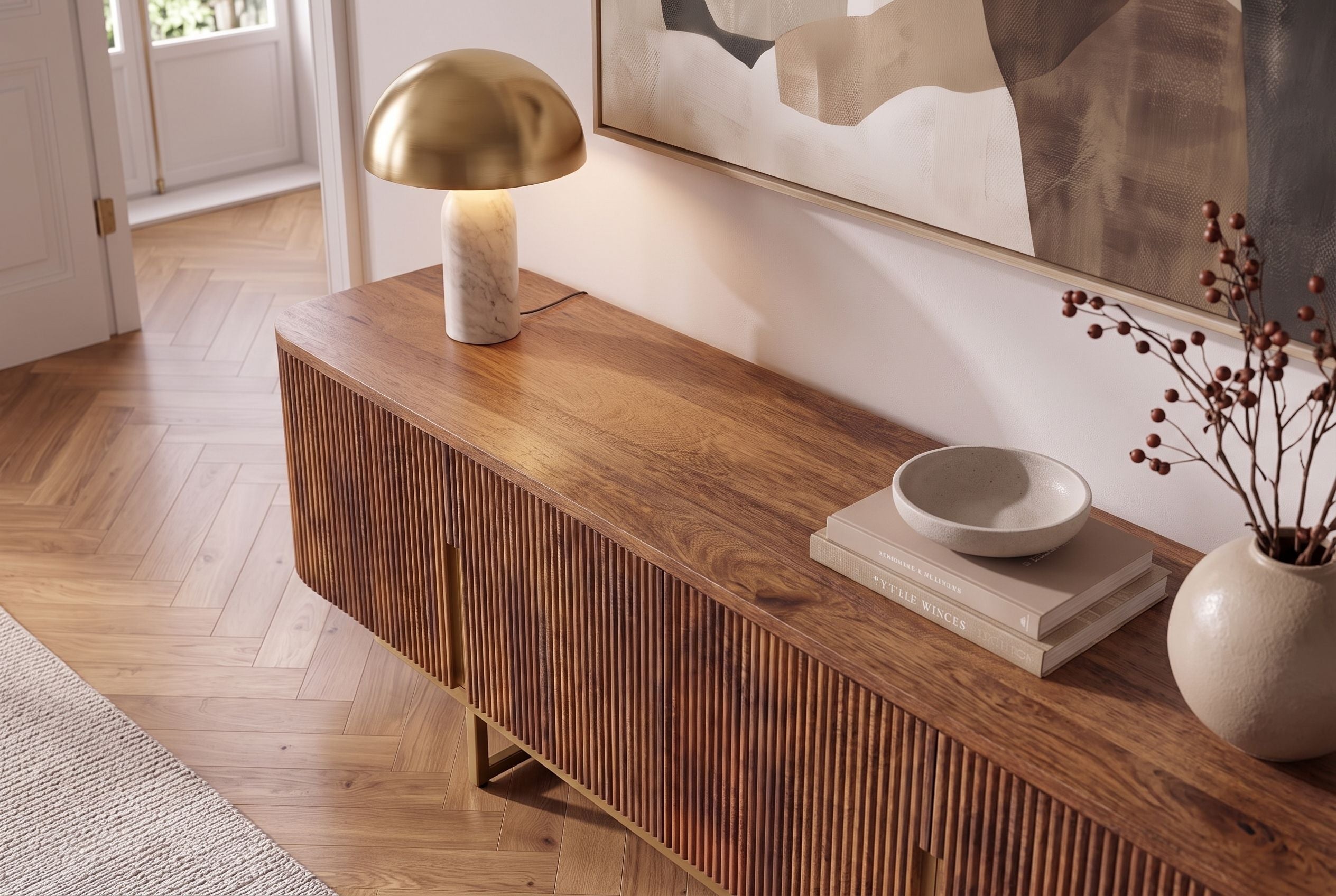 Tableau TV design GATSBY 160cm marron mat doré bois de manguier rétro