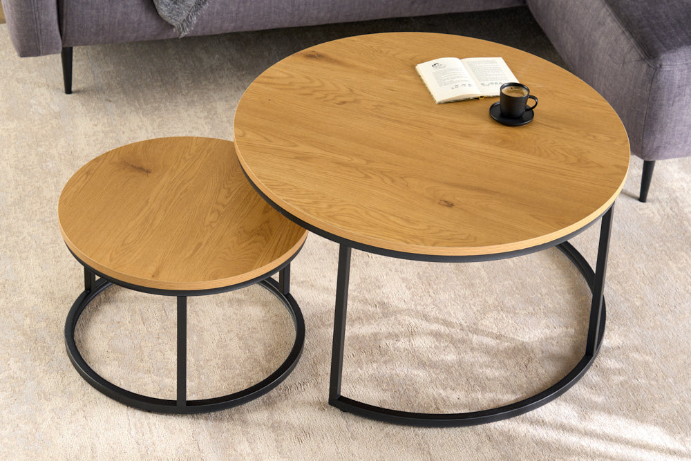 Tables basses rondes lot de 2 ELEGANCE 80cm bois de chêne sauvage naturel design structure métal noir