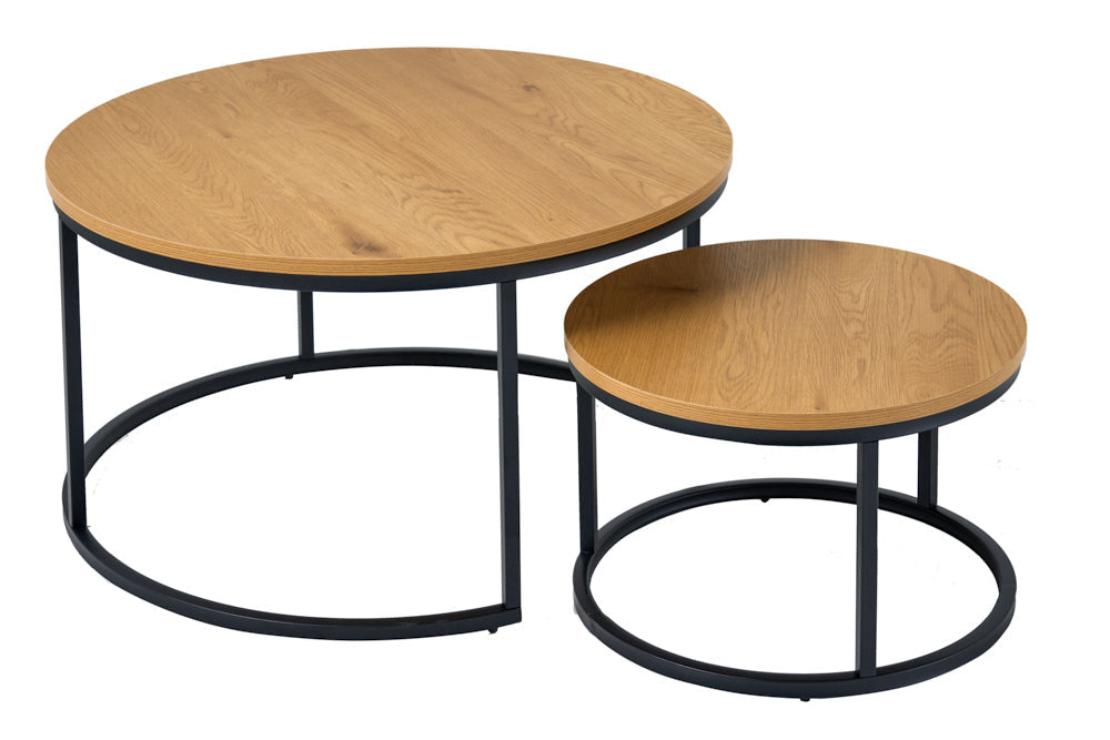 Tables basses rondes lot de 2 ELEGANCE 80cm bois de chêne sauvage naturel design structure métal noir