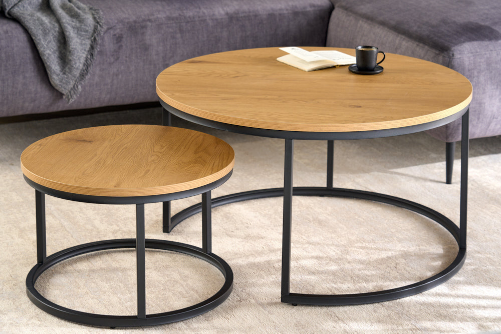 Tables basses rondes lot de 2 ELEGANCE 80cm bois de chêne sauvage naturel design structure métal noir