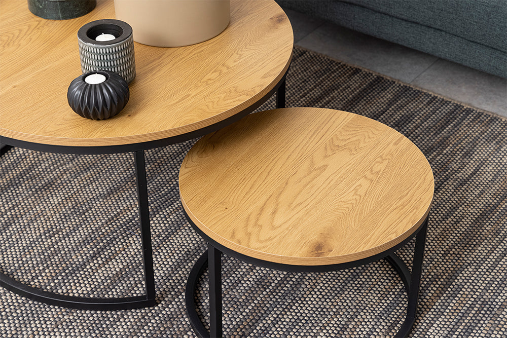 Tables basses rondes lot de 2 ELEGANCE 80cm bois de chêne sauvage naturel design structure métal noir