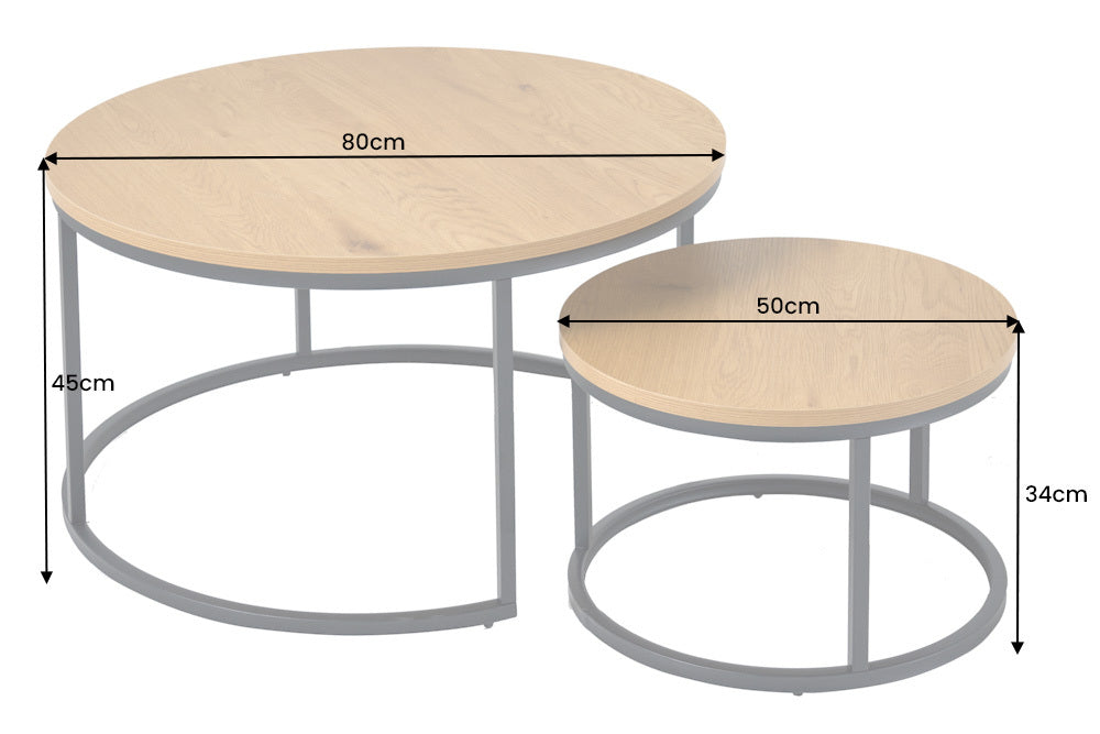Tables basses rondes lot de 2 ELEGANCE 80cm bois de chêne sauvage naturel design structure métal noir