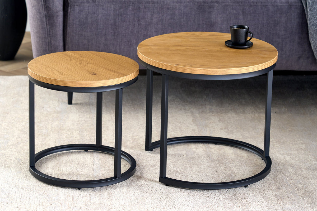 Tables d’appoint rondes lot de 2 ELEGANCE 45cm chêne sauvage naturel design bois structure métal noir