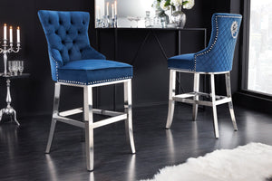 Tabouret de bar design CASTLE DELUXE velours bleu royal acier inoxydable argent avec dossier Chesterfield