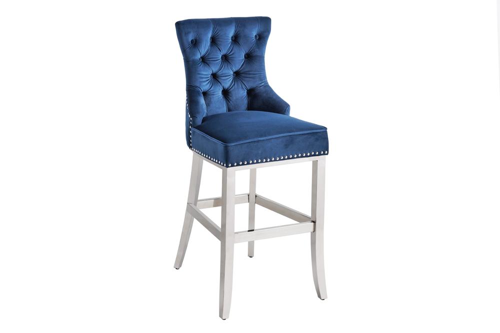Tabouret de bar design CASTLE DELUXE velours bleu royal acier inoxydable argent avec dossier Chesterfield
