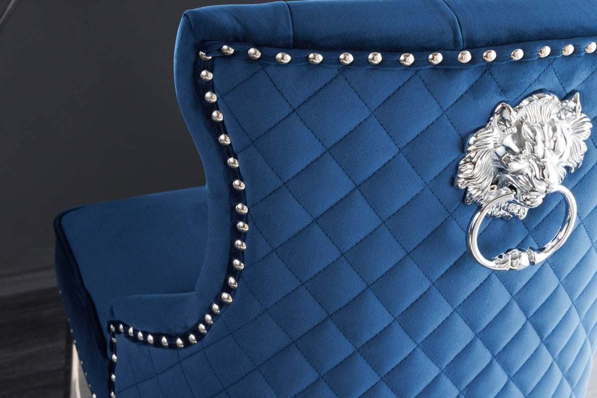 Tabouret de bar design CASTLE DELUXE velours bleu royal acier inoxydable argent avec dossier Chesterfield