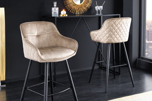 Tabouret de bar design EUPHORIA velours champagne grège pieds métal noir chaise de bar avec dossier