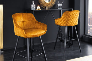 Tabouret de bar design EUPHORIA velours jaune moutarde pieds métal noir chaise de bar avec dossier
