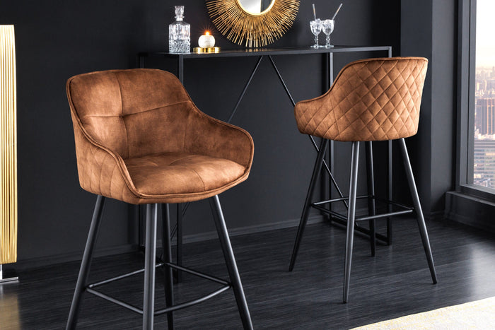 Tabouret de bar design EUPHORIA velours marron rouille pieds en métal noir chaise de bar avec dossier