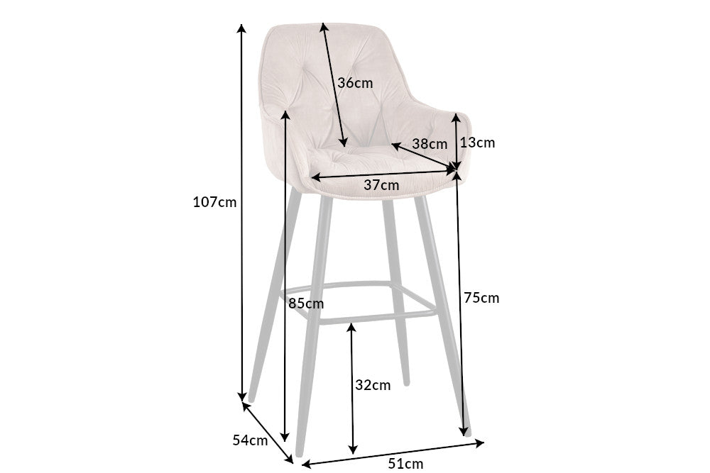 Taburete de bar de diseño MILANO Silla de bar de terciopelo beige champán con respaldo de metal negro