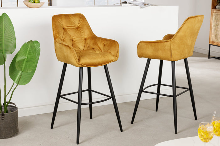 Tabouret de bar design MILANO chaise de bar en velours jaune moutarde avec dossier en métal noir