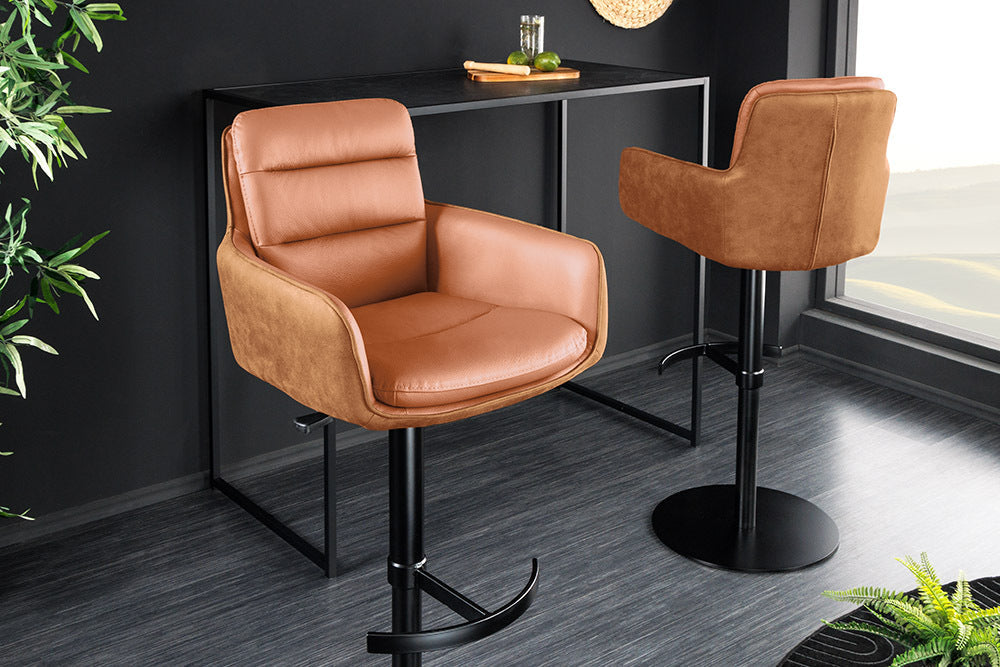 Tabouret de bar design rotatif BIG GEORGE cognac cuir véritable réglable en hauteur avec accoudoirs