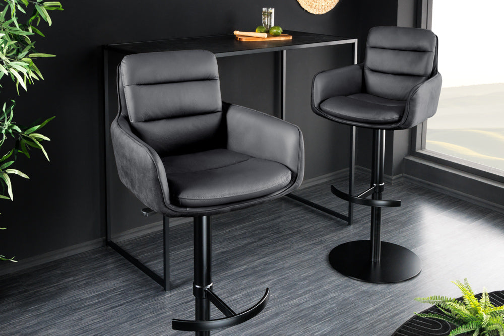 Tabouret de bar design rotatif BIG GEORGE noir anthracite cuir véritable réglable en hauteur avec accoudoirs