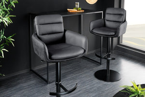 Tabouret de bar design rotatif BIG GEORGE noir anthracite cuir véritable réglable en hauteur avec accoudoirs