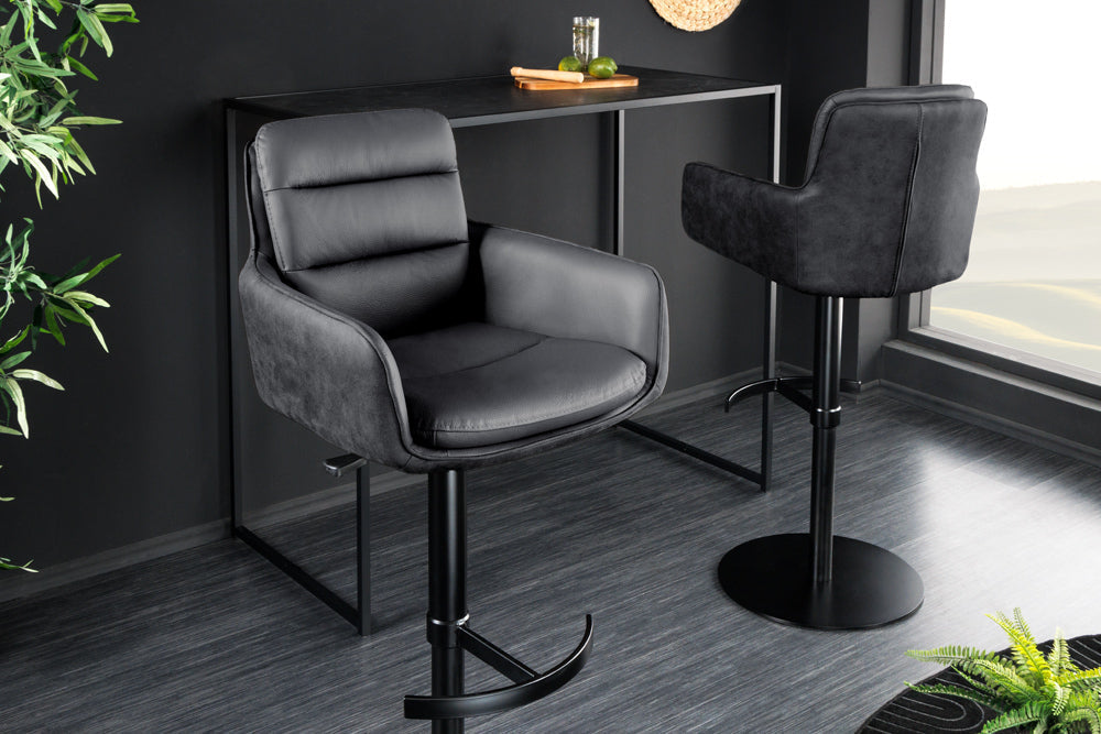 Tabouret de bar design rotatif BIG GEORGE noir anthracite cuir véritable réglable en hauteur avec accoudoirs