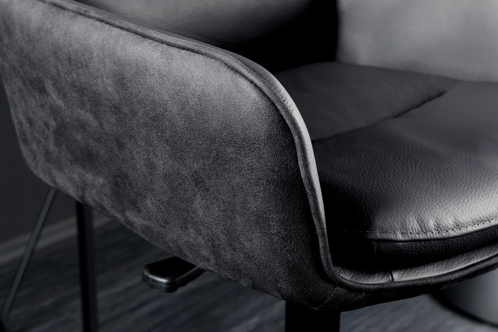 Tabouret de bar design rotatif BIG GEORGE noir anthracite cuir véritable réglable en hauteur avec accoudoirs