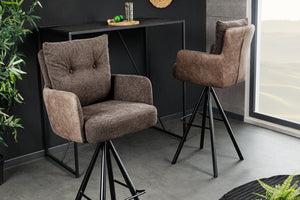 Tabouret de bar design rotatif BIG GEORGE taupe velours ressorts ensachés avec accoudoirs métal