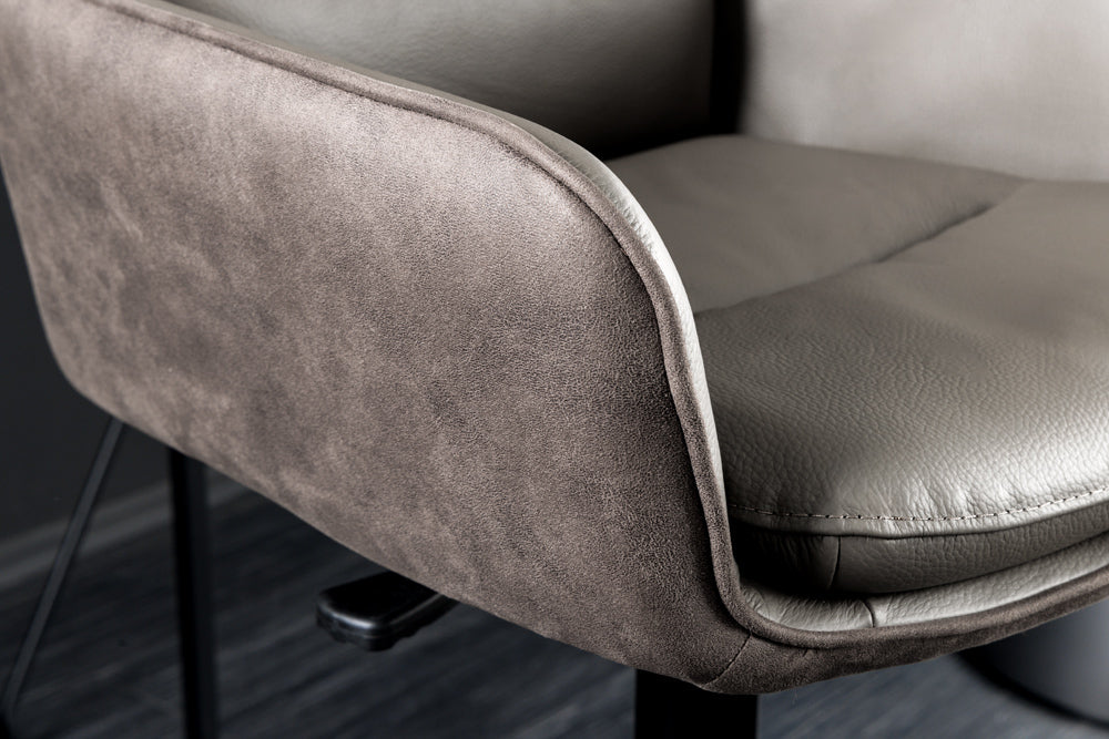 Tabouret de bar design rotatif BIG GEORGE taupe, véritable cuir microfibre, hauteur réglable avec accoudoirs