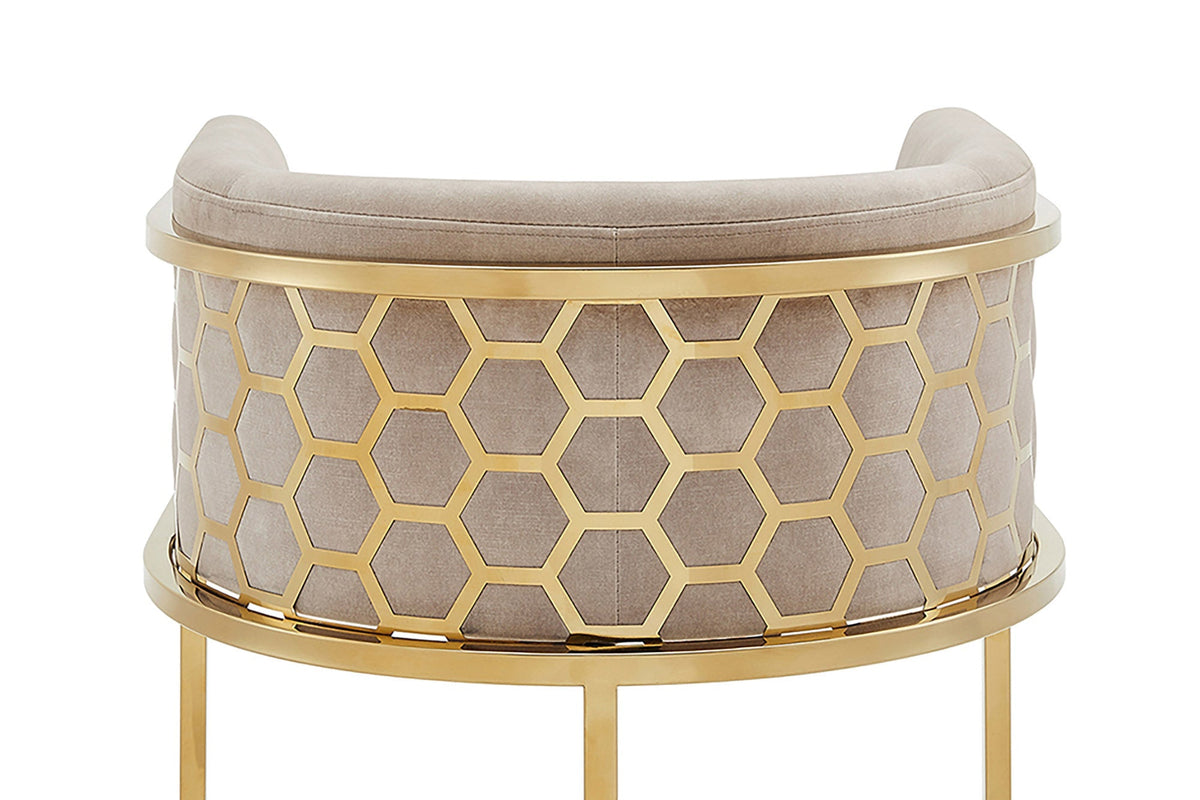 Tabouret de bar élégant ELEGANCE cappuccino velours or acier inoxydable avec accoudoir et repose-pieds