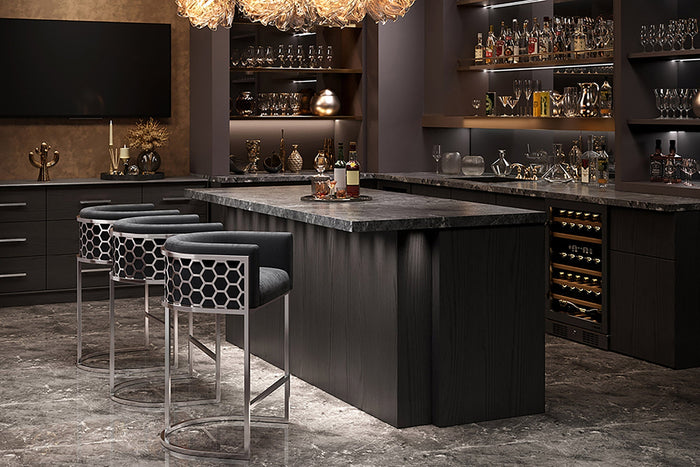 Tabouret de bar élégant ELEGANCE gris velours argent acier inoxydable avec accoudoir et repose-pieds (réf. 47504)