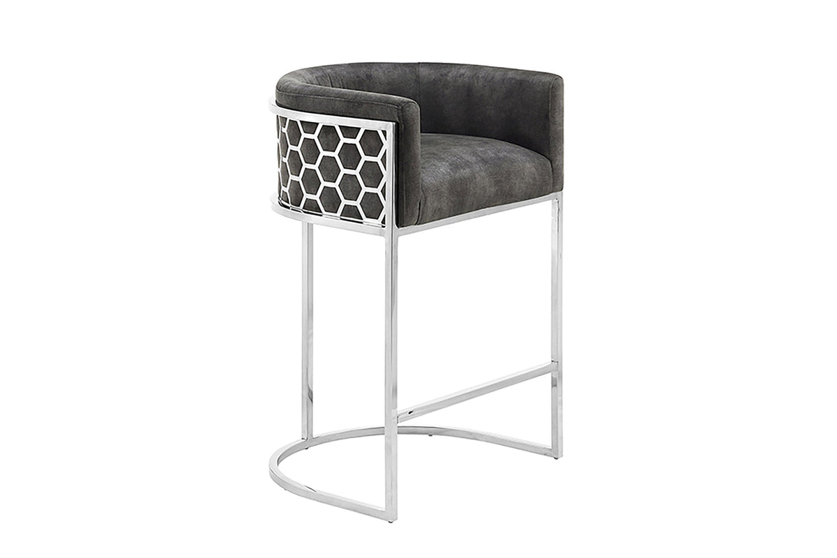 Tabouret de bar élégant ELEGANCE gris velours argent acier inoxydable avec accoudoir et repose-pieds (réf. 47504)
