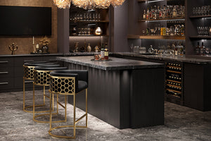 Tabouret de bar élégant ELEGANCE noir velours doré acier inoxydable avec accoudoir et repose-pieds
