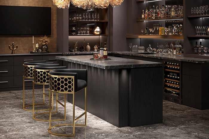 Tabouret de bar élégant ELEGANCE noir velours doré acier inoxydable avec accoudoir et repose-pieds