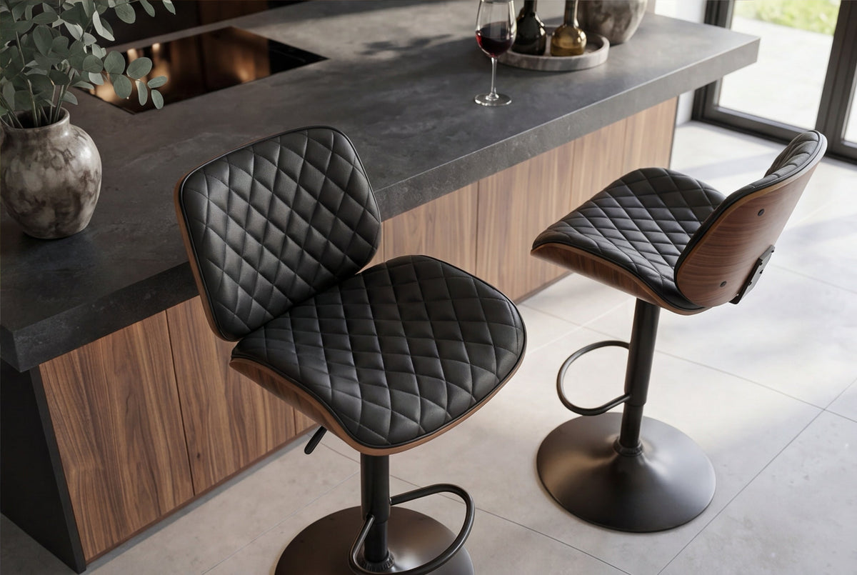 Tabouret de bar réglable en hauteur CHICAGO noir similicuir rotatif noyer