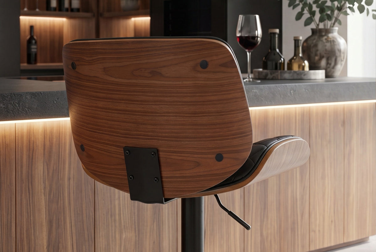 Tabouret de bar réglable en hauteur CHICAGO noir similicuir rotatif noyer