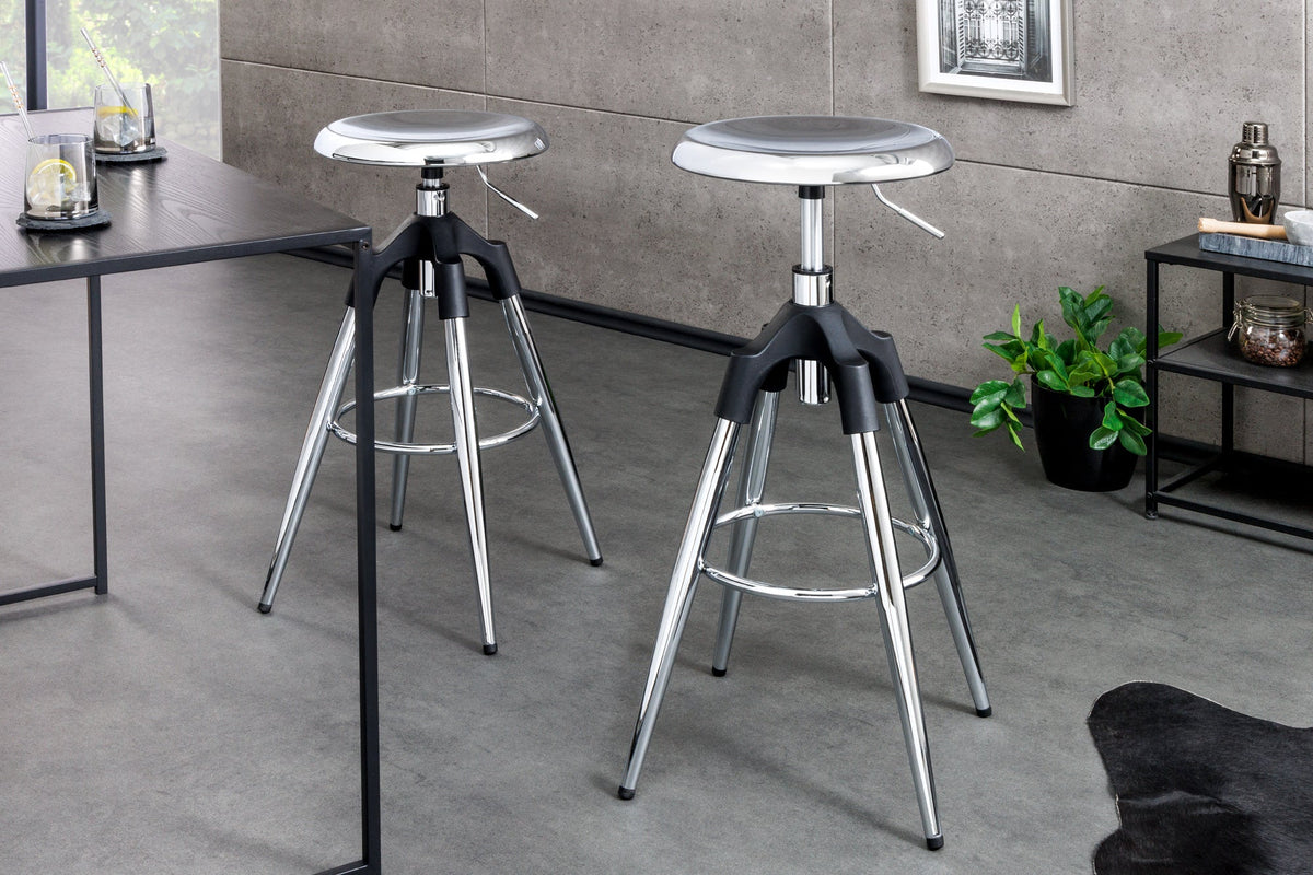 Tabouret de bar réglable en hauteur INDUSTRIAL chrome argent noir métal rond rotatif