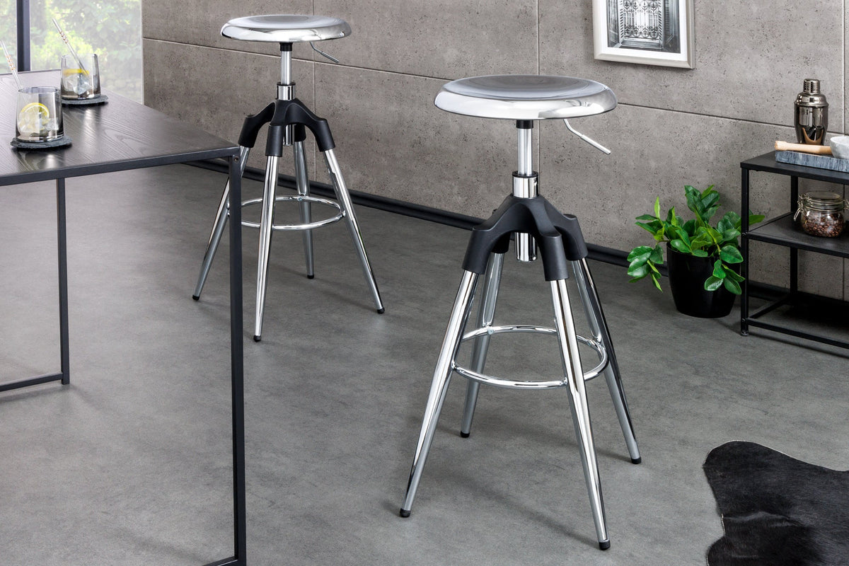 Tabouret de bar réglable en hauteur INDUSTRIAL chrome argent noir métal rond rotatif