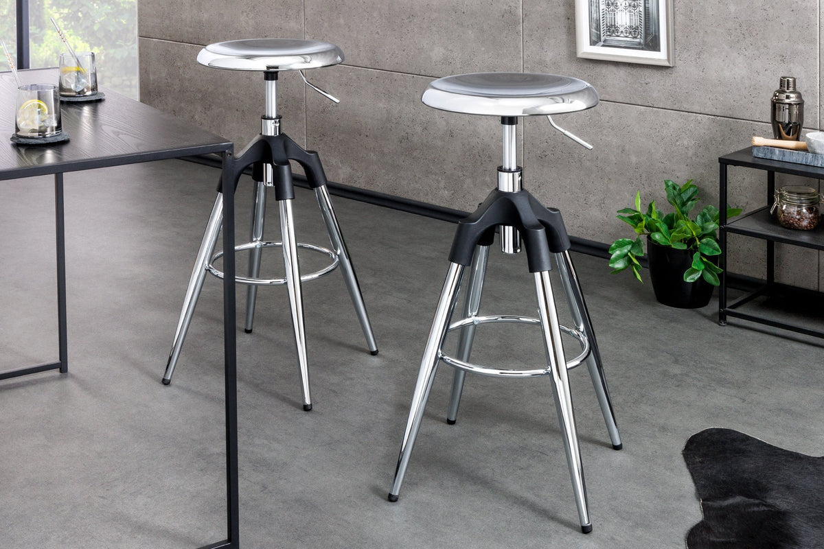Tabouret de bar réglable en hauteur INDUSTRIAL chrome argent noir métal rond rotatif