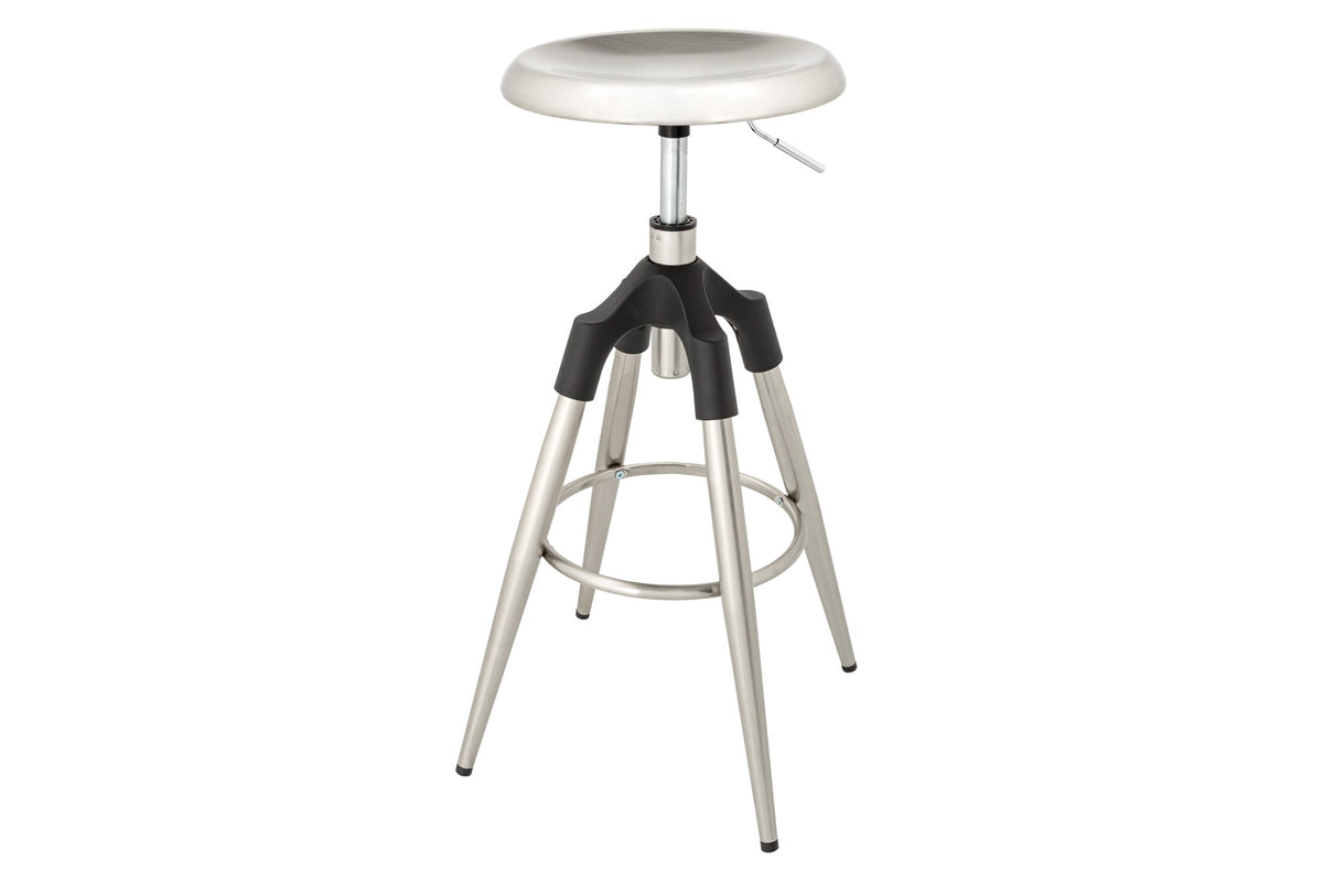 Tabouret de bar réglable en hauteur INDUSTRIAL chrome brossé argent noir métal rond rotatif (réf. 43655)
