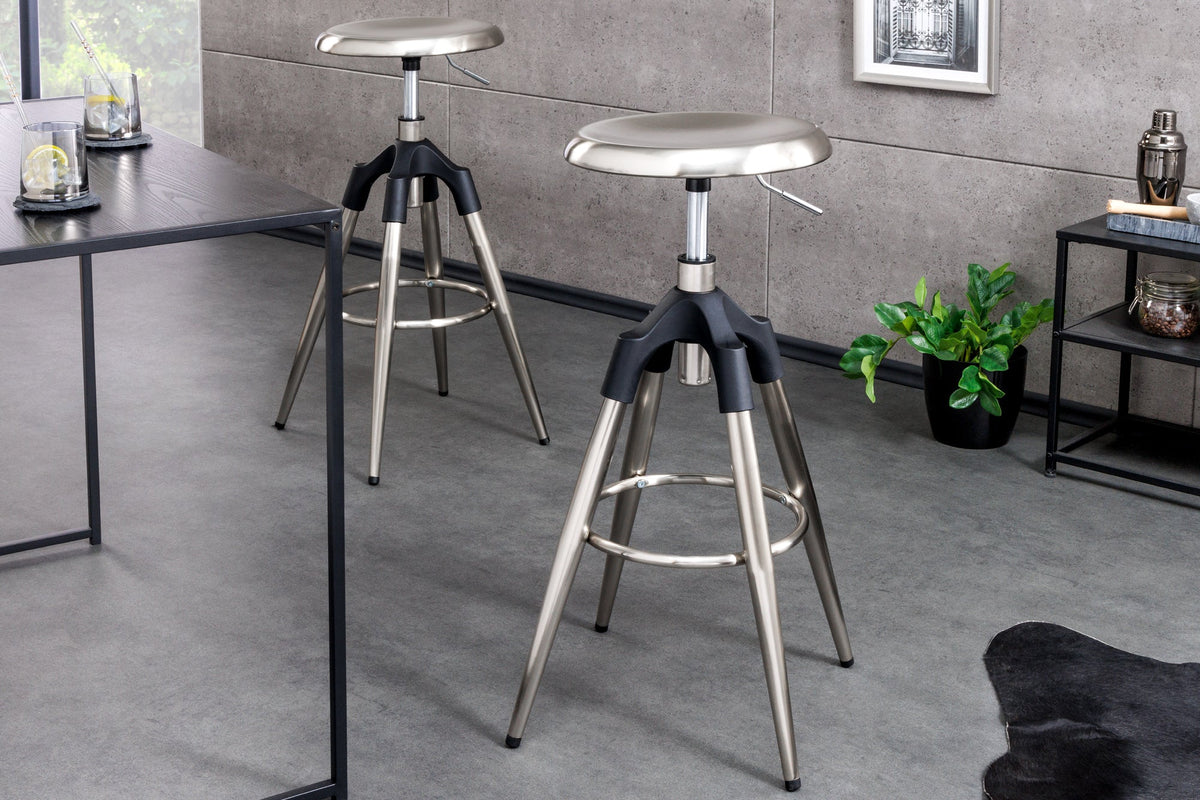 Tabouret de bar réglable en hauteur INDUSTRIAL chrome brossé argent noir métal rond rotatif (réf. 43655)