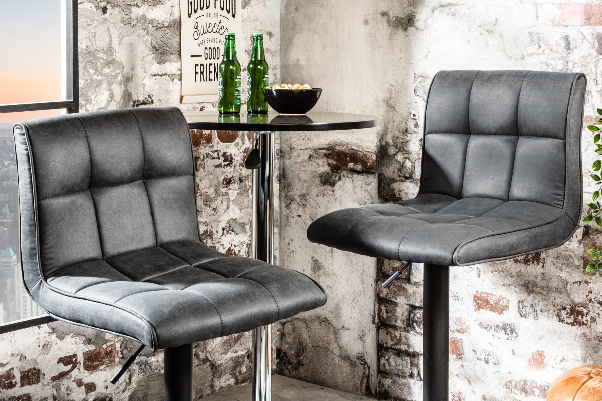 Tabouret de bar réglable en hauteur MODENA vintage gris microfibre métal noir avec dossier rotatif
