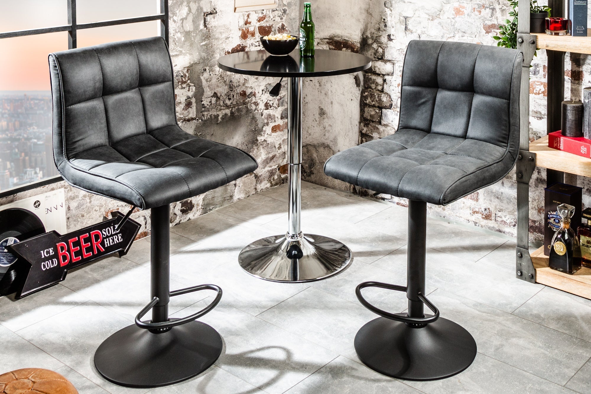 Tabouret de bar réglable en hauteur MODENA vintage gris microfibre métal noir avec dossier rotatif