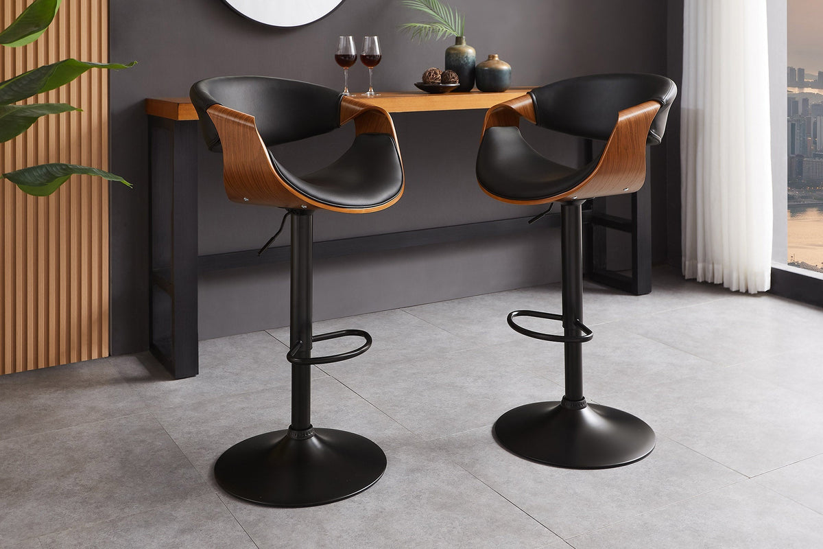 Tabouret de bar réglable en hauteur ORGANIC noir similicuir noyer naturel avec accoudoir
