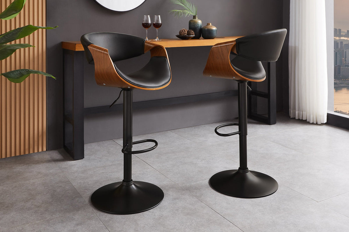 Tabouret de bar réglable en hauteur ORGANIC noir similicuir noyer naturel avec accoudoir