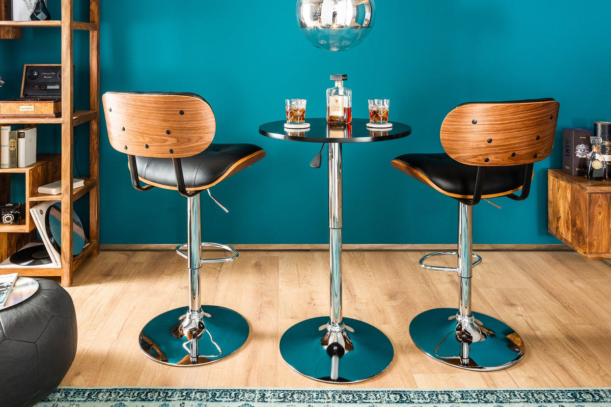 Tabouret de bar rétro CLASSICO noir 115 cm réglable en hauteur avec dossier design bois de noyer