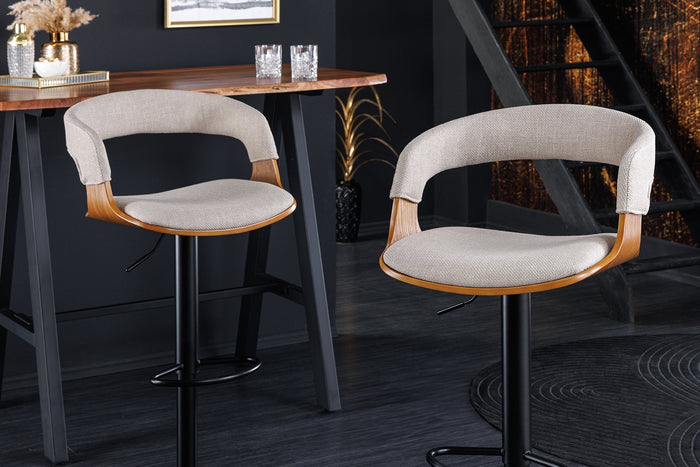 Tabouret de bar rétro MANHATTAN beige tissu structuré bois de frêne pivotant réglable en hauteur (réf. 44198)