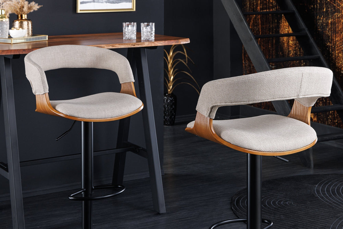 Tabouret de bar rétro MANHATTAN beige tissu structuré bois de frêne pivotant réglable en hauteur (réf. 44198)